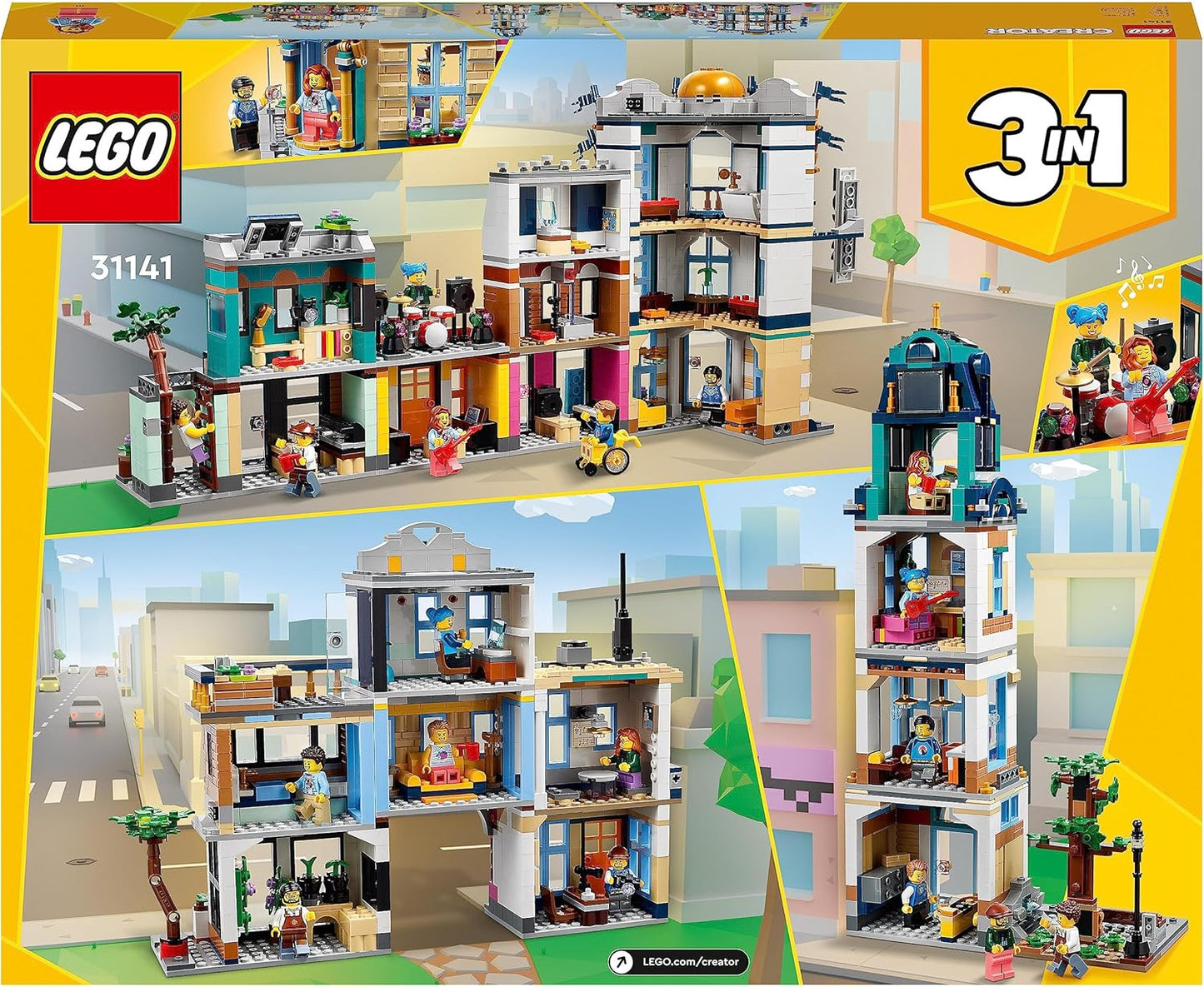 LEGO Creator Main Street 31141 modular city building toy set with Art Deco and Market Street designs for ages 9+