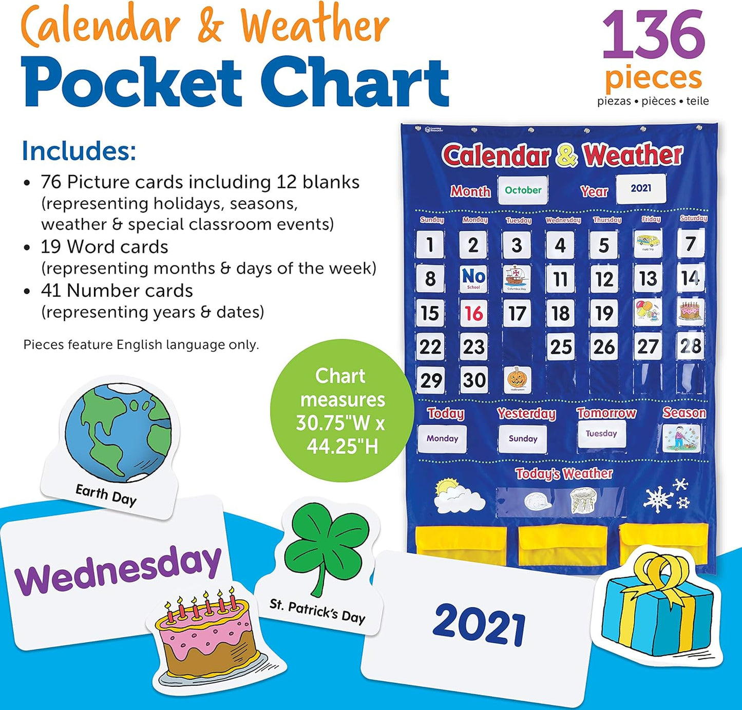 Learning Resources Calendar & Weather Pocket Chart - Classroom Calendar, Calendar and Weather Chart for Classroom, Teacher and Back to School Supplies