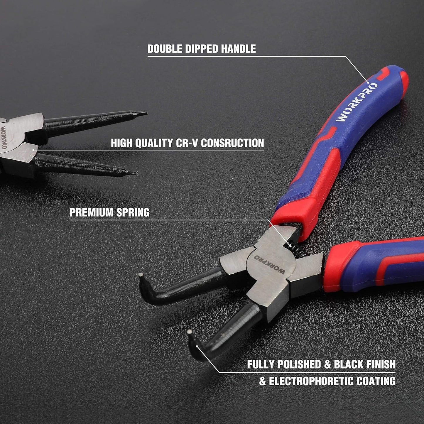 WORKPRO 4-Piece Snap Ring Pliers Set - Heavy Duty 7-inch Internal/External Circlip Pliers Kit (Tip Diameter 5/64'')-Straight/Bent Jaw - Cr-V Steel - For Ring Remover Retaining- Storage Pouch Included