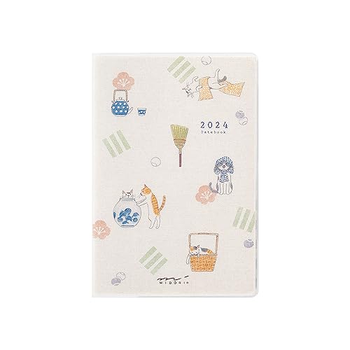 Midori 22236006 Pocket Diary Notebook, 2024, Mini, Monthly, Country Time, Floral Pattern, Starts October 2023 (Cat Print)
