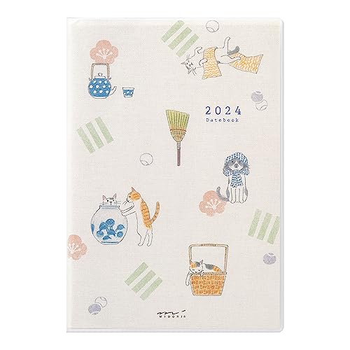 Midori Pocket Diary 22256006 Weekly Planner, 2024, B6, Cat Pattern, Starts January 2024 (Cat Print)