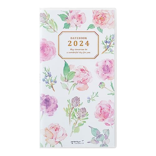 Midori Pocket Diary Notebook, 2024, Slim, Monthly Cat Pattern, Starts October (country time floral pattern)