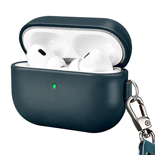 ICARERFAMILY Leather Case for AirPods Pro 2 (2022), Genuine Leather Shockproof Protective Cover with Lanyard for AirPods Pro 2 Earphones Charging Case (LED Visible) Support Wireless Charger Black