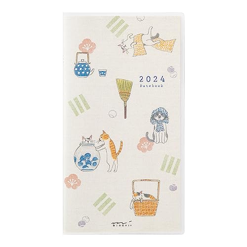 Midori Pocket Diary Notebook, 2024, Slim, Monthly Cat Pattern, Starts October (Cat Print)