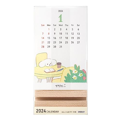 Midori 31278006 2024 Calendar, Tabletop Stand, Dog Pattern (Dog Print)
