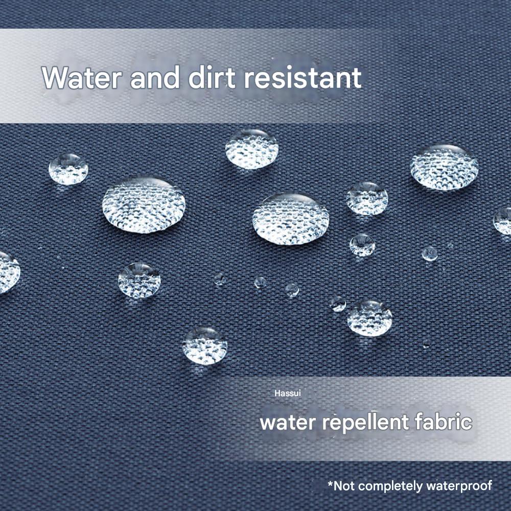 Water droplets on a textured surface with text indicating water and dirt resistance.
