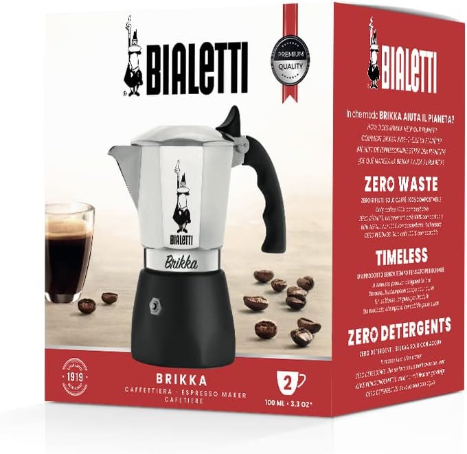 Bialetti - New Brikka, Moka Pot, the Only Stovetop Coffee Maker Capable of Producing a Crema-Rich Espresso, 2 Cups (3,4 Oz), Aluminum and Black