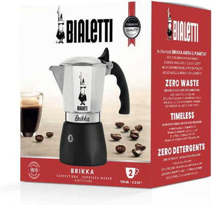 Bialetti - New Brikka, Moka Pot, the Only Stovetop Coffee Maker Capable of Producing a Crema-Rich Espresso, 2 Cups (3,4 Oz), Aluminum and Black