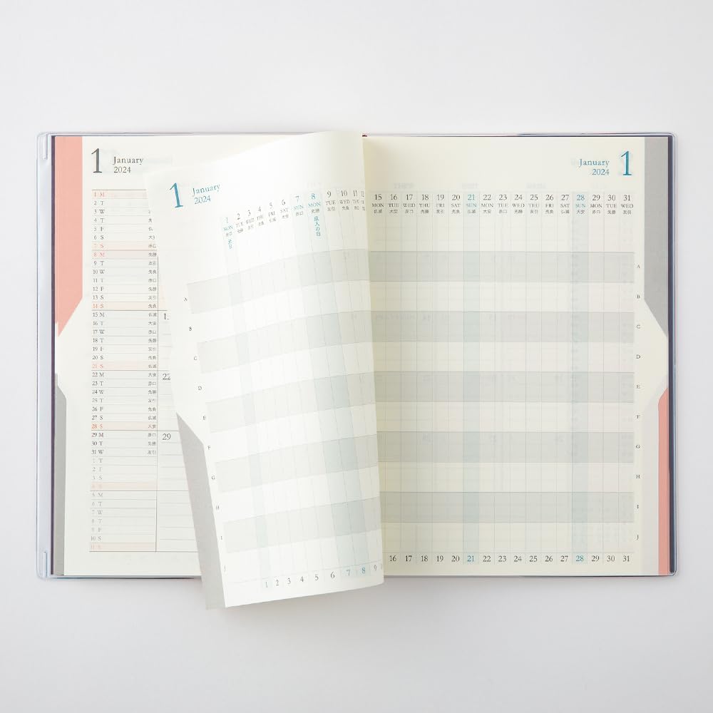 Midori 22264006 Double Schedule Planner, 2024, B6, Monthly Progress, Light Pink (Starts October 2023) (navy)