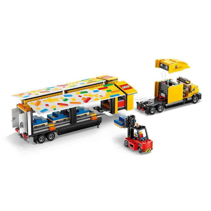 LEGO set with colorful truck and trailer on a white background