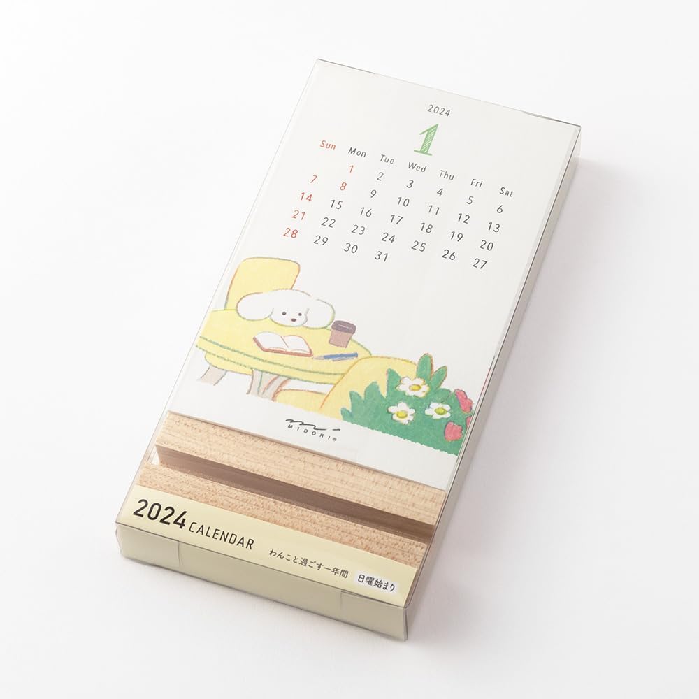 Midori 31278006 2024 Calendar, Tabletop Stand, Dog Pattern (Dog Print)