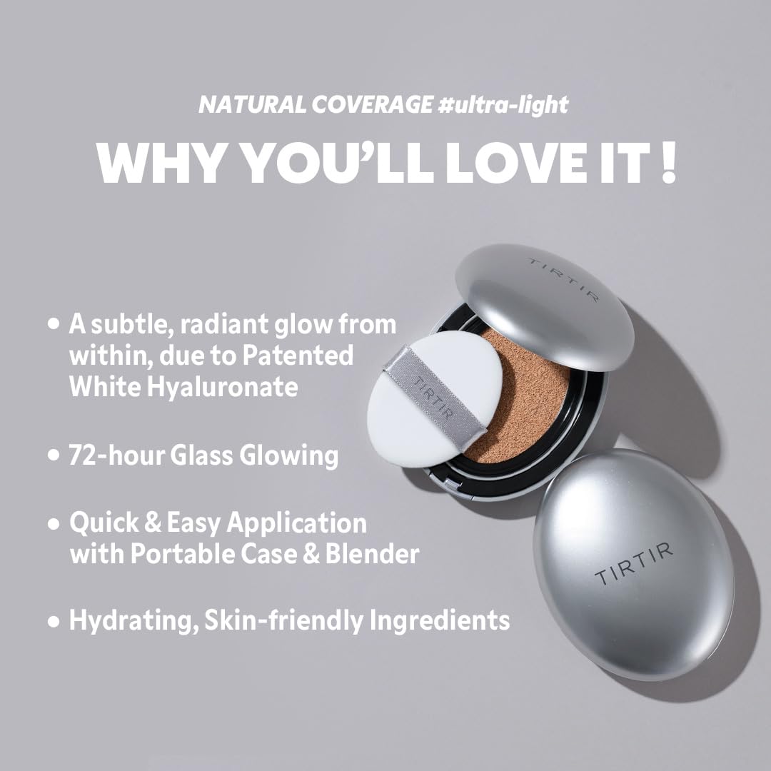 TIRTIR Mask Fit Aura Silver Cushion Foundation | Semi-glow Finish, Natural Coverage, Moisturizing, Lightweight, Korean cushion foundation (#21N Ivory, Full Size, 0.63 Fl Oz)