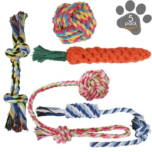 SUSWIM Dog Chew Toys for Puppy,Teething,Boredom-5 Pack Pet Chew Toys with with Ball, Carrot,Tough Teething Rope-for Large, Small Teething Pets ‰ÛÒ All Puppy Breeds Aggressive Chewers ‰ÛÒ 100% Cotton