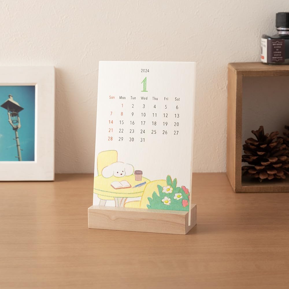 Midori 31278006 2024 Calendar, Tabletop Stand, Dog Pattern (Dog Print)