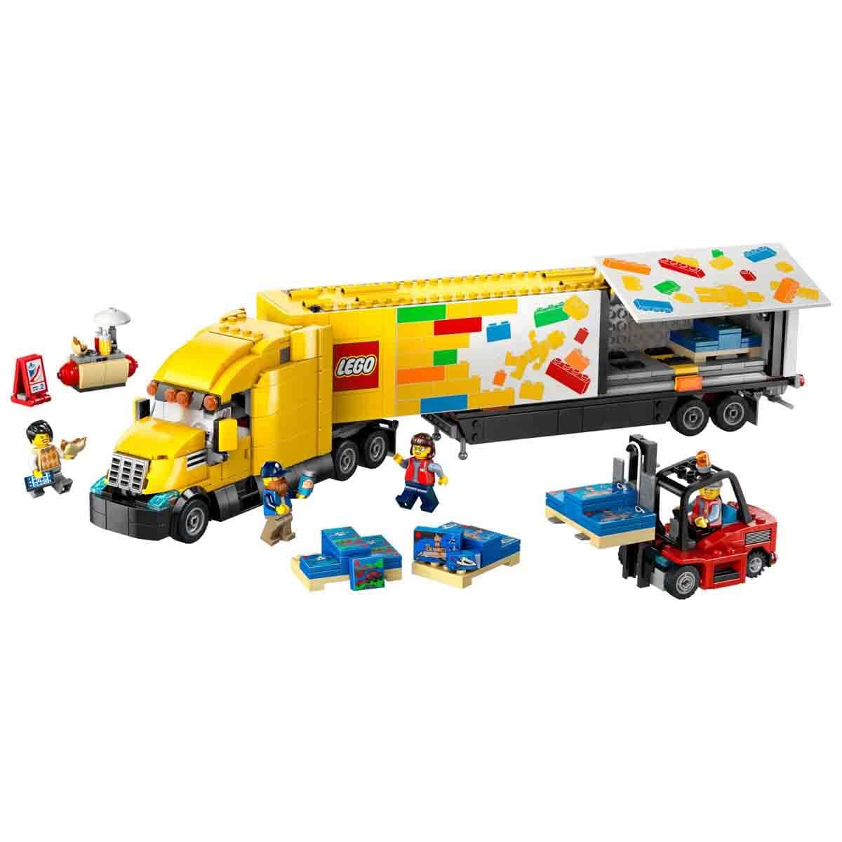 LEGO truck set with colorful trailer and various LEGO figures on a white background