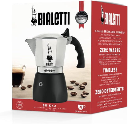 Bialetti - New Brikka, Moka Pot, the Only Stovetop Coffee Maker Capable of Producing a Crema-Rich Espresso, 4 Cups (5,7 Oz), Aluminum and Black
