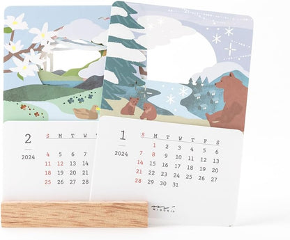 MIDORI 31281006 2024 Desktop Calendar Excluding Seasonal Calendar with Stickers, Landscape Pattern