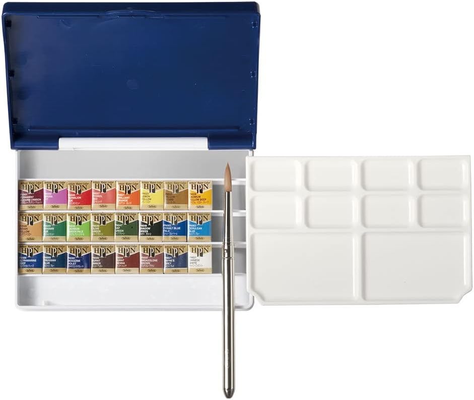 Holbein Artist's Watercolors Set of 24 Half-Pans with Brush (Palm Box Plus) PN697