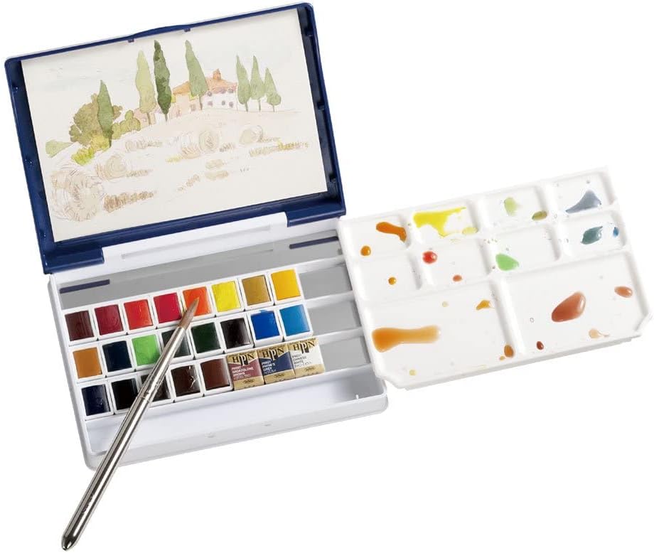 Holbein Artist's Watercolors Set of 24 Half-Pans with Brush (Palm Box Plus) PN697