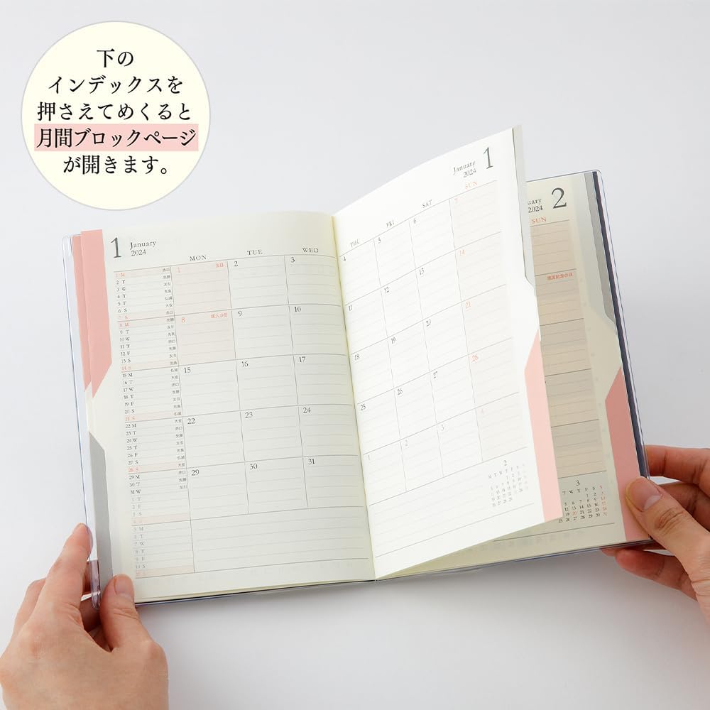 Midori 22264006 Double Schedule Planner, 2024, B6, Monthly Progress, Light Pink (Starts October 2023) (navy)