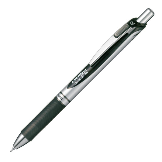 Pentel Energel Knock Ballpoint Pen, 0.5mm Needle Tip, Black Ink, Silver Body with Black Accent (BLN75Z-A)