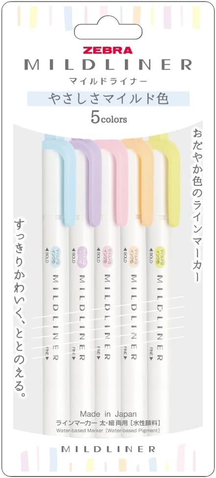 ZEBRA WKT7-5C-YC Highlighter, Mild Liner, Gentle Mild 5 Color Set