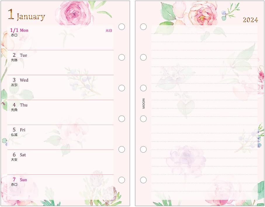 Midori 27091006 2024 B7 Weekly Country Time Floral Notebook, Refill, 27091006 (Begins January 2024)