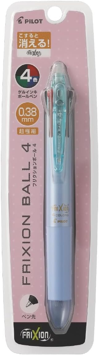 PILOT Ballpoint Pen, Frixion Ball 4, 0.38mm Ultra Fine, 4 Colors (Black, Red, Blue and Green), Gradation Light Blue Body (PLKFB80UF-GRLB)