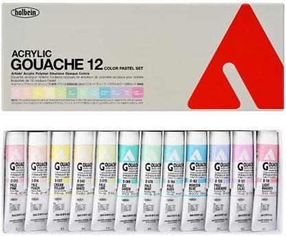 HOLBEIN ACRYLIC GOUACHE, Made in Japan, Acrylic Gouache (Opaque Acrylic Resin Paint), 0.7 fl oz (20 ml), Pastel Color, 12 Color Set