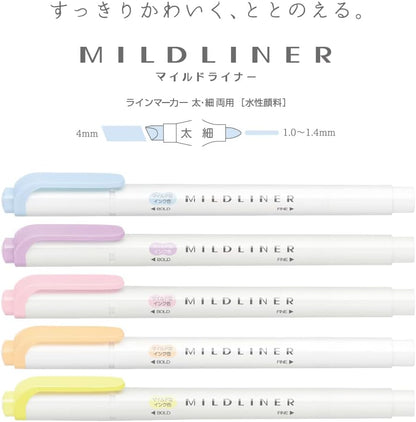 ZEBRA WKT7-5C-YC Highlighter, Mild Liner, Gentle Mild 5 Color Set