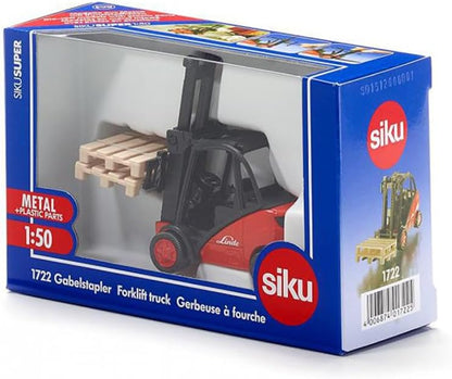 Siku 1722, Linde Forklift, 1:50, Metal/Plastic, Red, Movable Fork, Incl. 2 pallets