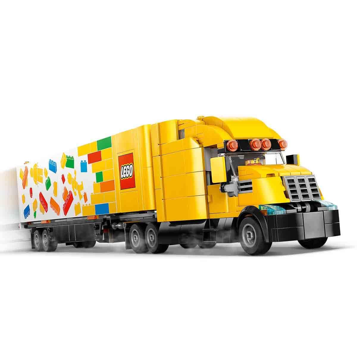LEGO truck with colorful trailer on a white background