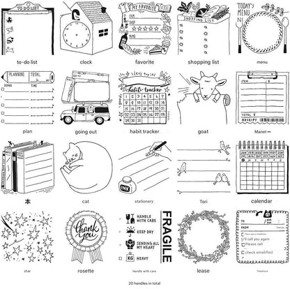 Collection of black and white illustrations including to-do lists, clocks, calendars, and various shapes and icons.