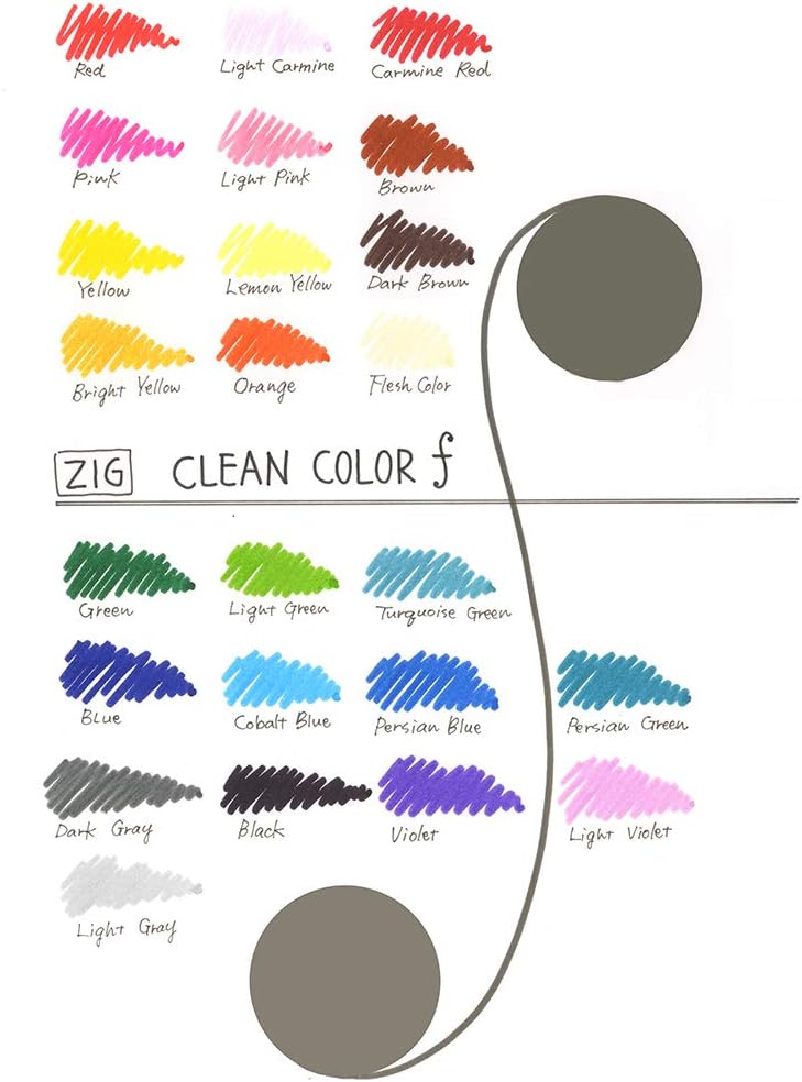 Kuretake ZIG CLEAN COLOR f, 0.5 mm & 1.2 mm, AP-Certified, Odourless, Xylene Free, Suitable for dark paper, Perfect for illustrating, sketching, designing and cartooning. Made in Japan (24 colors set)