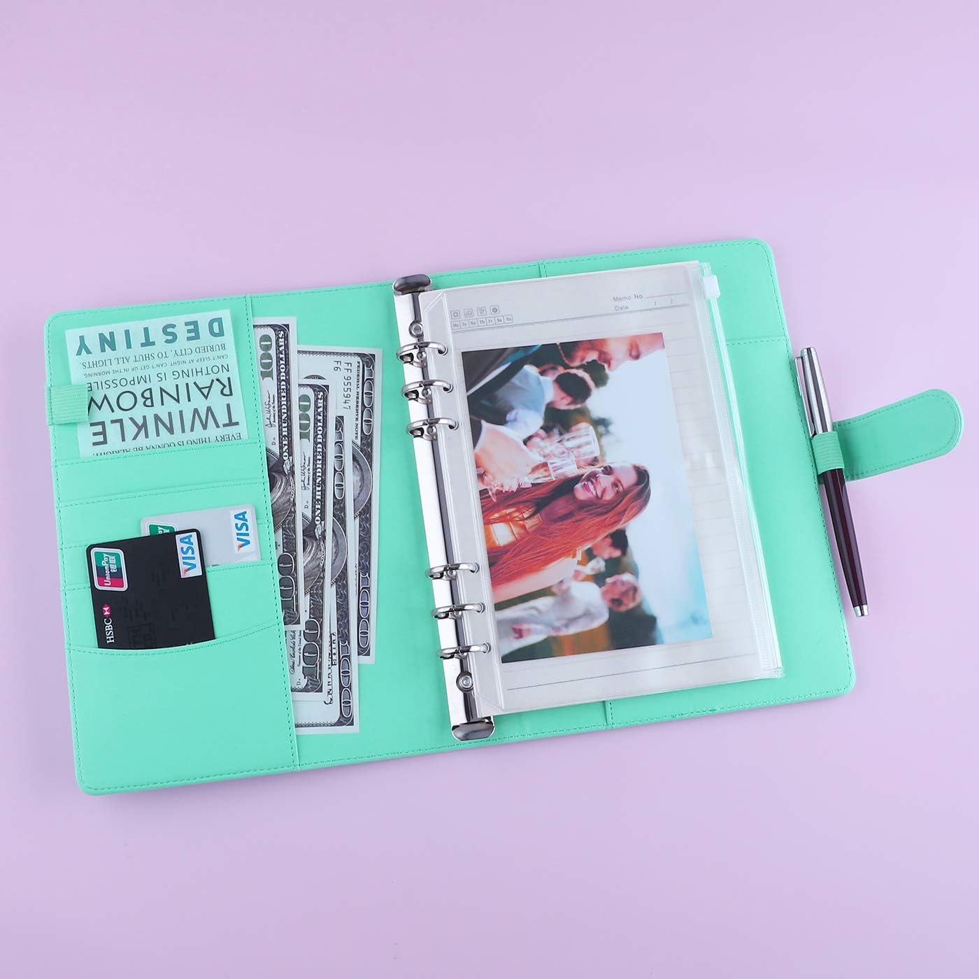 Antner A5 Notebook Binder 6 Ring Refillable Budget Planner Cover for Cash Organizer, PU Leather Loose Leaf Photocard Holder Aesthetic Binder with Magnetic Buckle for A5 Planner Inserts, Light Green