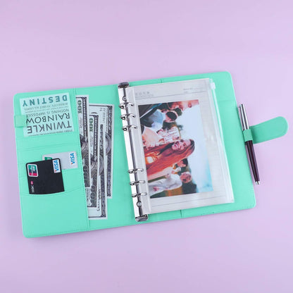 Antner A5 Notebook Binder 6 Ring Refillable Budget Planner Cover for Cash Organizer, PU Leather Loose Leaf Photocard Holder Aesthetic Binder with Magnetic Buckle for A5 Planner Inserts, Light Green