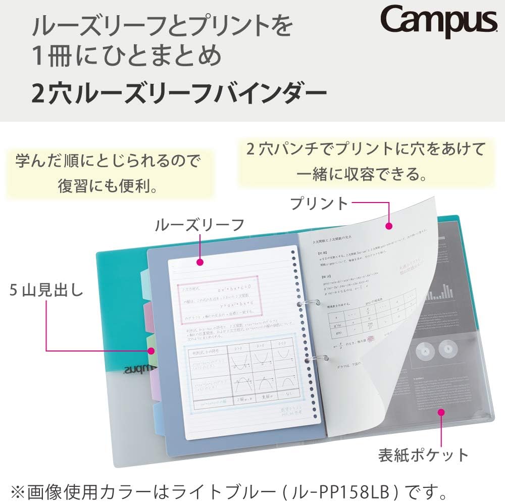 Kokuyo Campus 2-Ring Loose Leaf Binder, A4, 2 Holes, Up to 100 Sheets, Light Blue, Japan Import (RU-PP158LB)