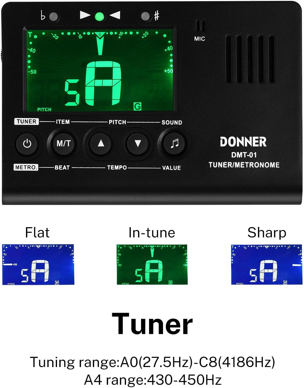 Donner Metronome Tuner for All Instruments - Guitar, Bass, Violin, Ukulele, Trumpet, Chromatic, Clarinet, Flute, 3 in 1 Digital Metronome with Tuner/Metronome/Tone Generator, DMT-01