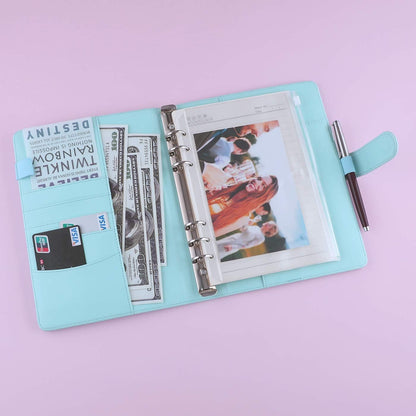 Antner A5 Notebook Binder 6 Ring Refillable Budget Planner Cover for Cash Organizer, PU Leather Loose Leaf Photocard Holder Aesthetic Binder with Magnetic Buckle for A5 Planner Inserts, Mint Blue