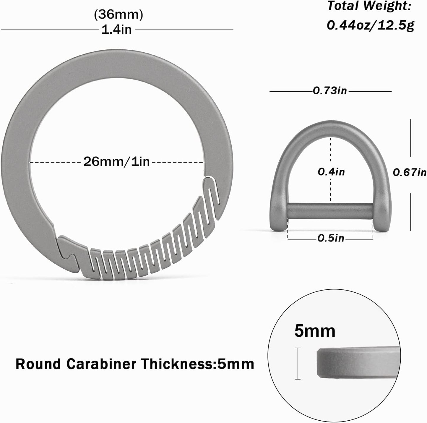 TISUR Titanium Carabiner Keychain Clip,D Key Rings for Keychains,Quick Release Keychain,Key Chain Clip for Men Women (Gray-Round)