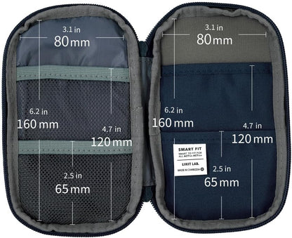 Two open travel organizers with measurements indicated on a white background