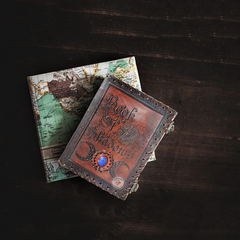 Egyptian Landscap Animal Flag Notebook Fabric Hardcover, Fully Customized Handmade Vintage Genuine Leather Journal, Embossed Celtic Pentagram, Book of Shadows (BOS) Notebook, Daily Notepad, Diary, Scrapbook, Gift for Men and Women, Brown, 9x7 Inches