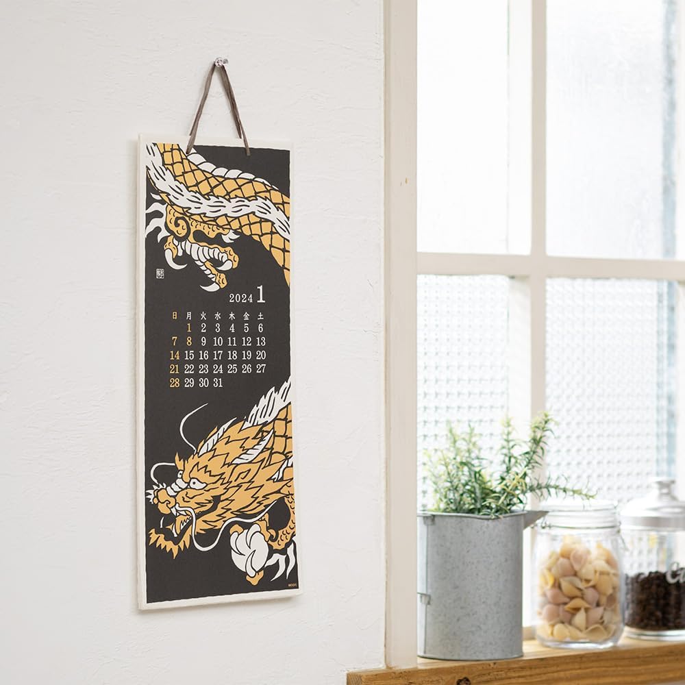 Midori 3130006 2024 Calendar, Wall Hanging, L, Echizen Washi Paper, Traditional Pattern (L (wind object handle))