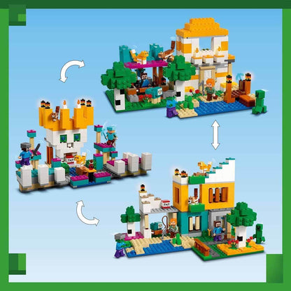 LEGO 21249 Minecraft The Building Box 4.0, Set 2in1 Build River Towers or Cat Hut, with Alex, Steve, Creeper and Zombie Mobs Figures, Toys for Kids