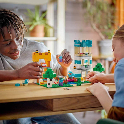 LEGO 21249 Minecraft The Building Box 4.0, Set 2in1 Build River Towers or Cat Hut, with Alex, Steve, Creeper and Zombie Mobs Figures, Toys for Kids