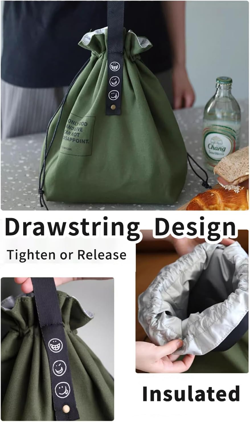 MRSXXNTY Lunch Bag Lunch Box for Men and Women,Canvas Insulated Lunch Bag,Mens Lunchbox for Work,Waterproof Insulated Drawstring Hand Carry Bag (Military Green)