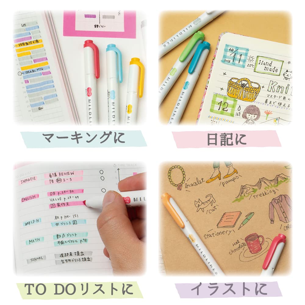 Collage of stationery items including pens, markers, and notebooks with various uses.