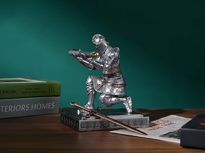 HDMbigmi King's Guard Knight Pen Holder Pen Stand Desk Organizers and Accessories Resin Pencil Holder as Gift with a Metal Sword Letter Opener for Office and Home (Silver)