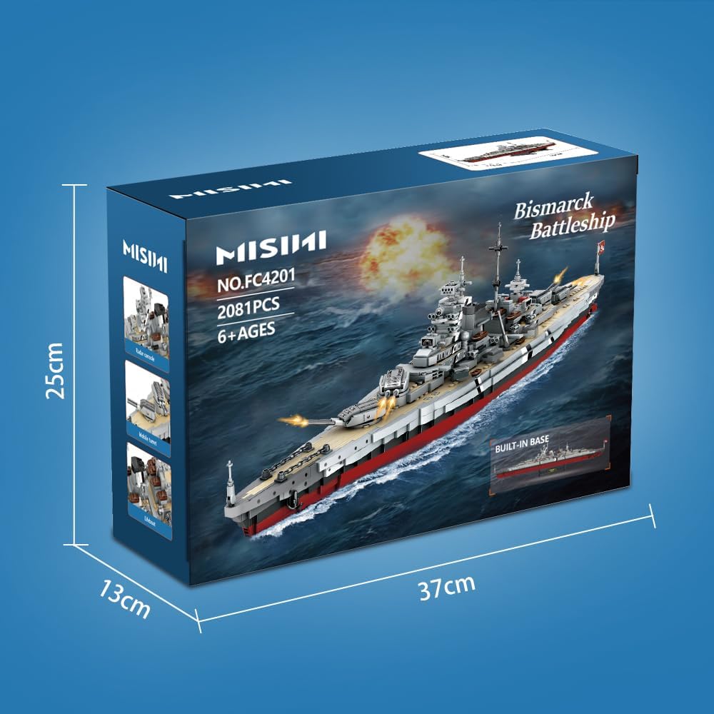 MISINI Technik FC4201 German Battleship Bismarck Clamp Blocks, 2081 PCs/MOC Large WWII German Military Warship Marine Battleship Model for Adult