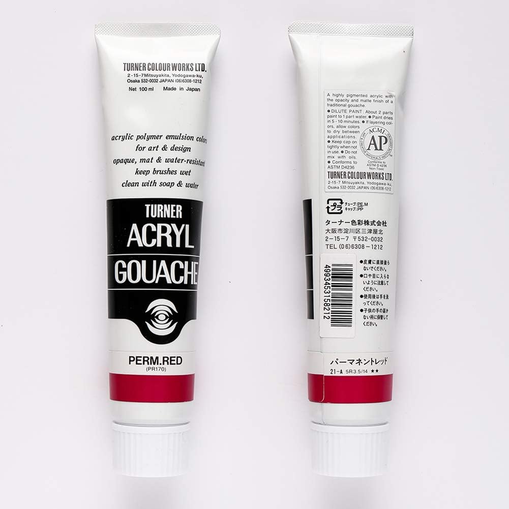 Turner Colour Works Acryl Gouache Artist Acrylic Paint - Single 100 ml Tube - Permanent Red